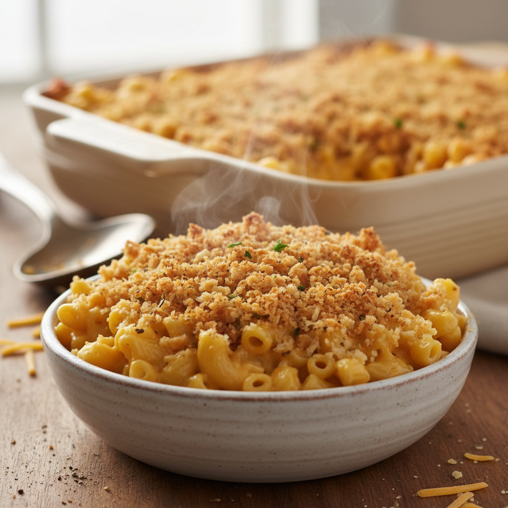 Classic Baked Mac and Cheese with Crispy Breadcrumb Topping