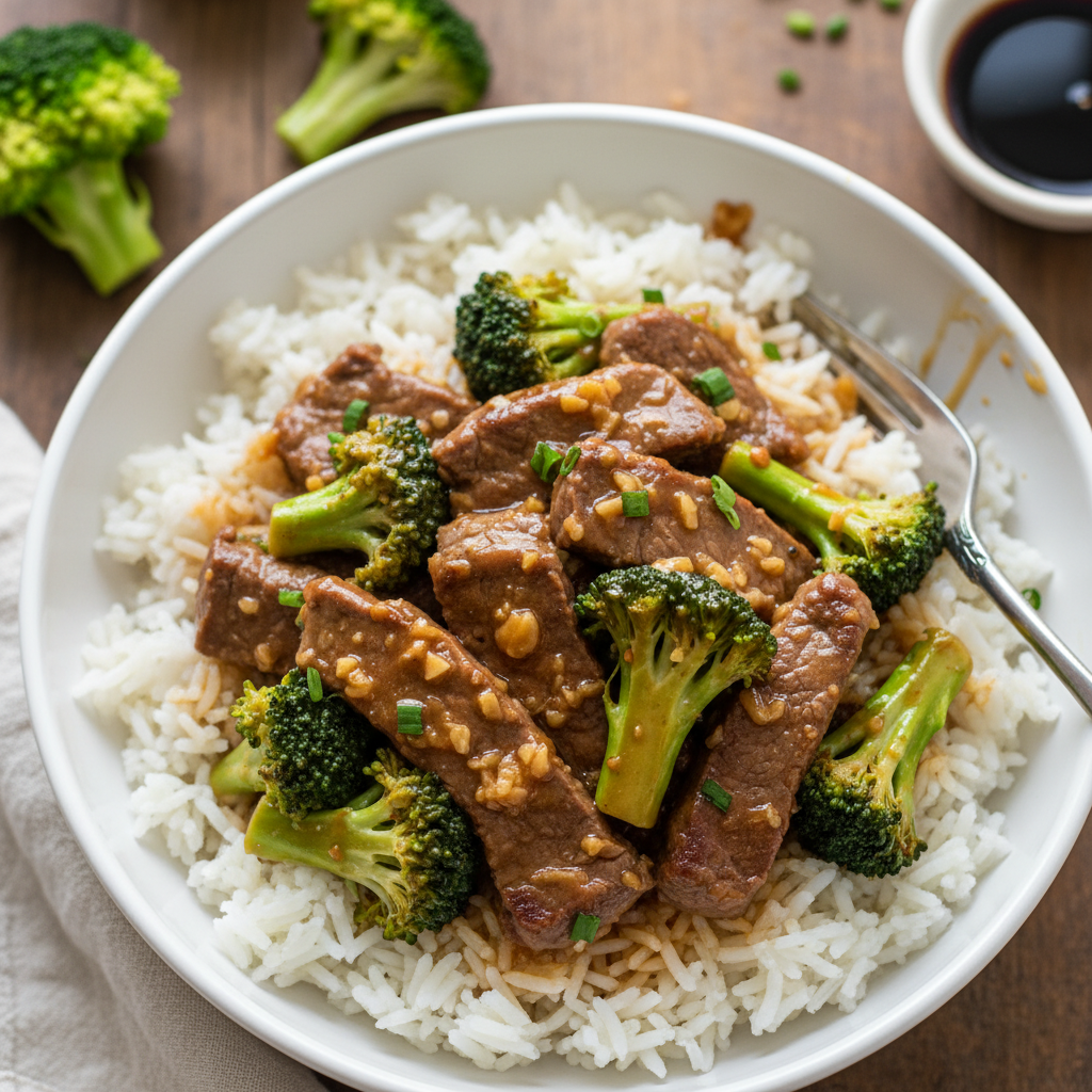 Soy-Ginger Beef and Broccoli with Steamed Rice