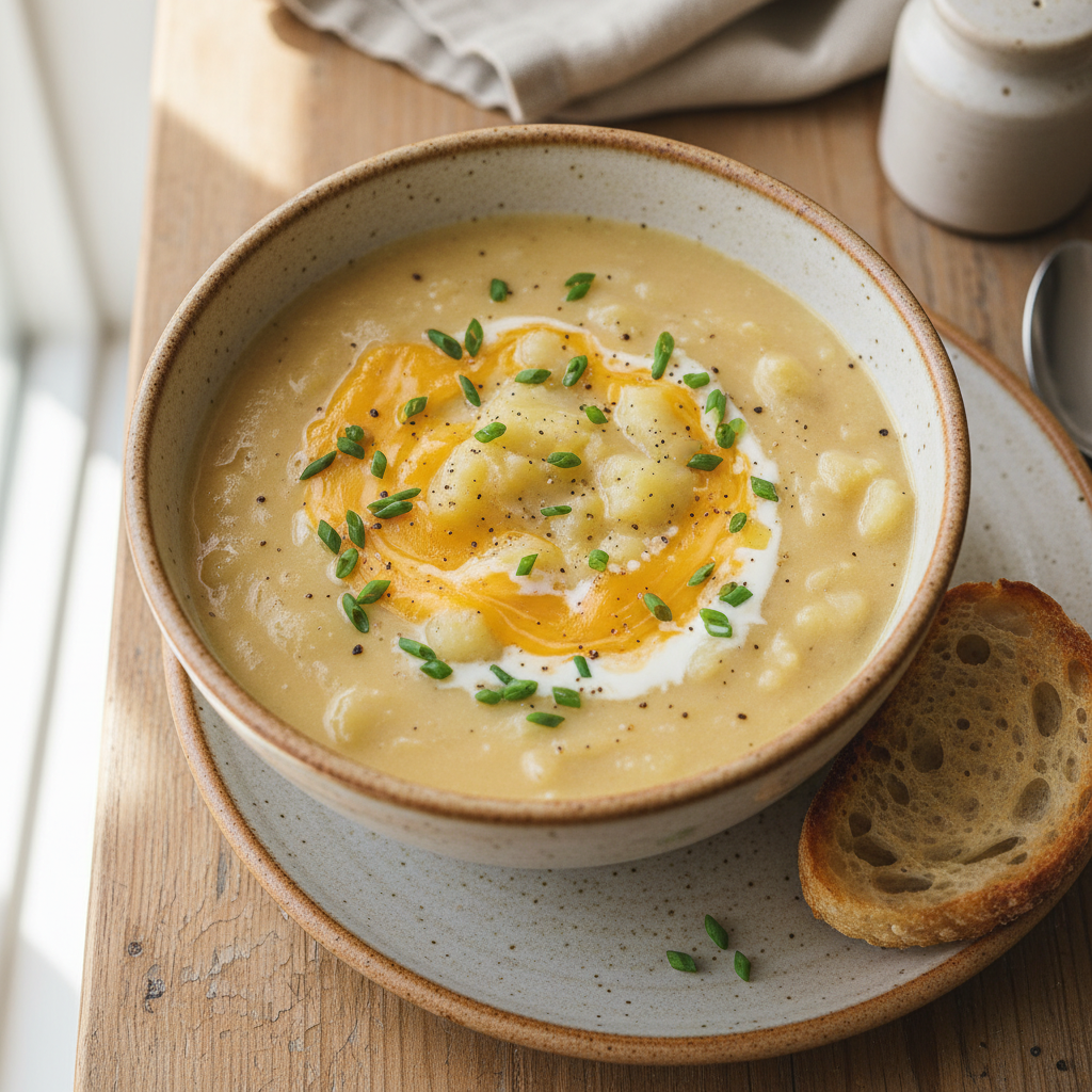 Creamy Russet Potato Soup with Cheddar and Chives