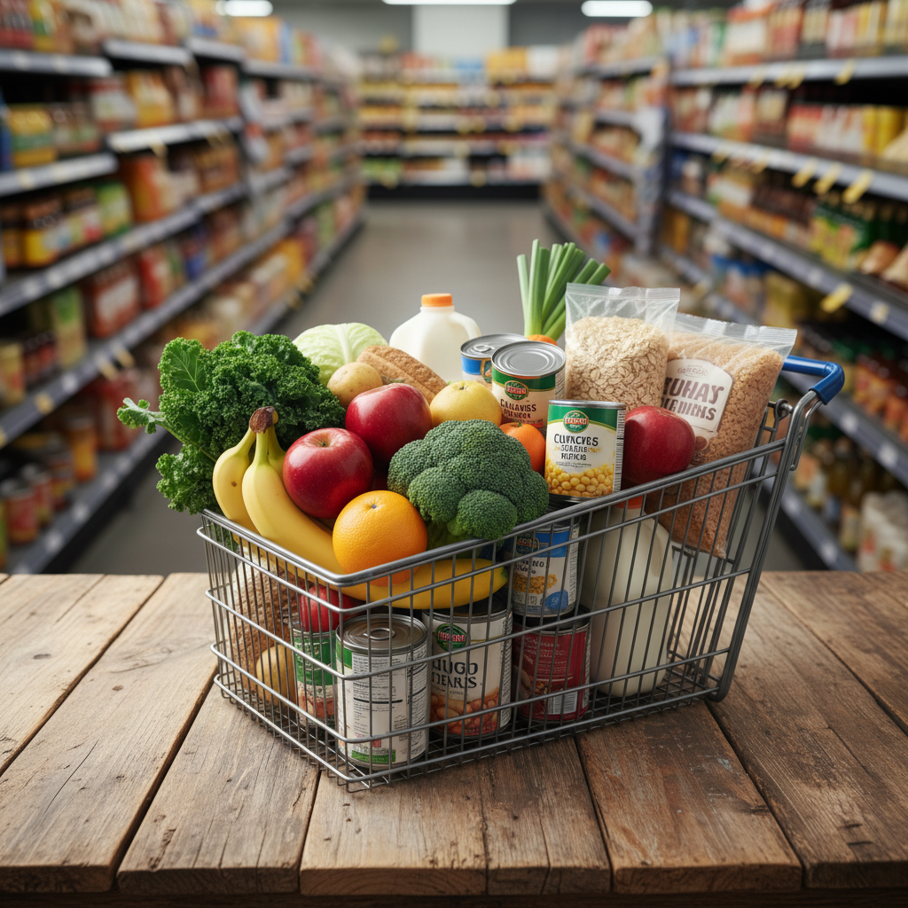 A family grocery cart filled with fresh produce, canned goods, and pantry staples in a budget grocery store
