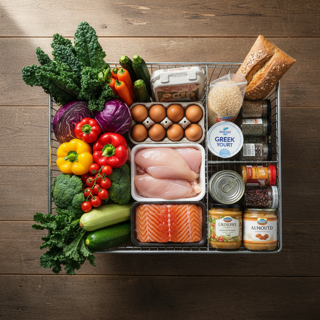 Organized grocery cart with fresh vegetables, proteins, and pantry staples ready for weekly meal prep