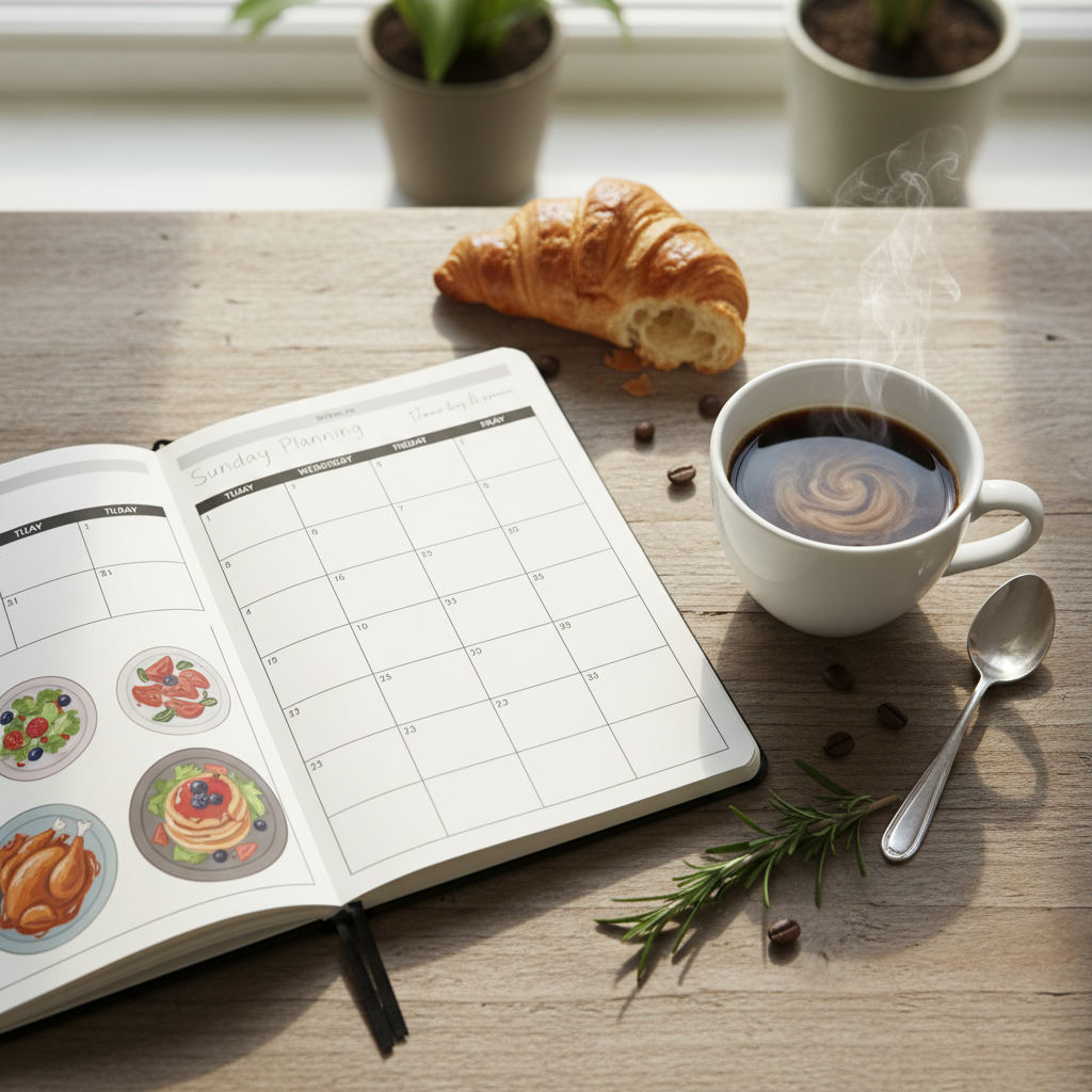 Open meal planning notebook on a kitchen table beside a mug of coffee