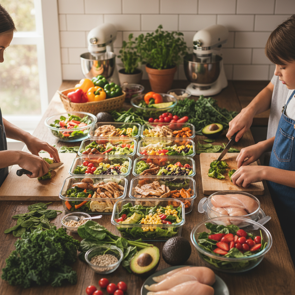 A kitchen counter covered with portioned meal prep containers and fresh ingredients on a Sunday afternoon