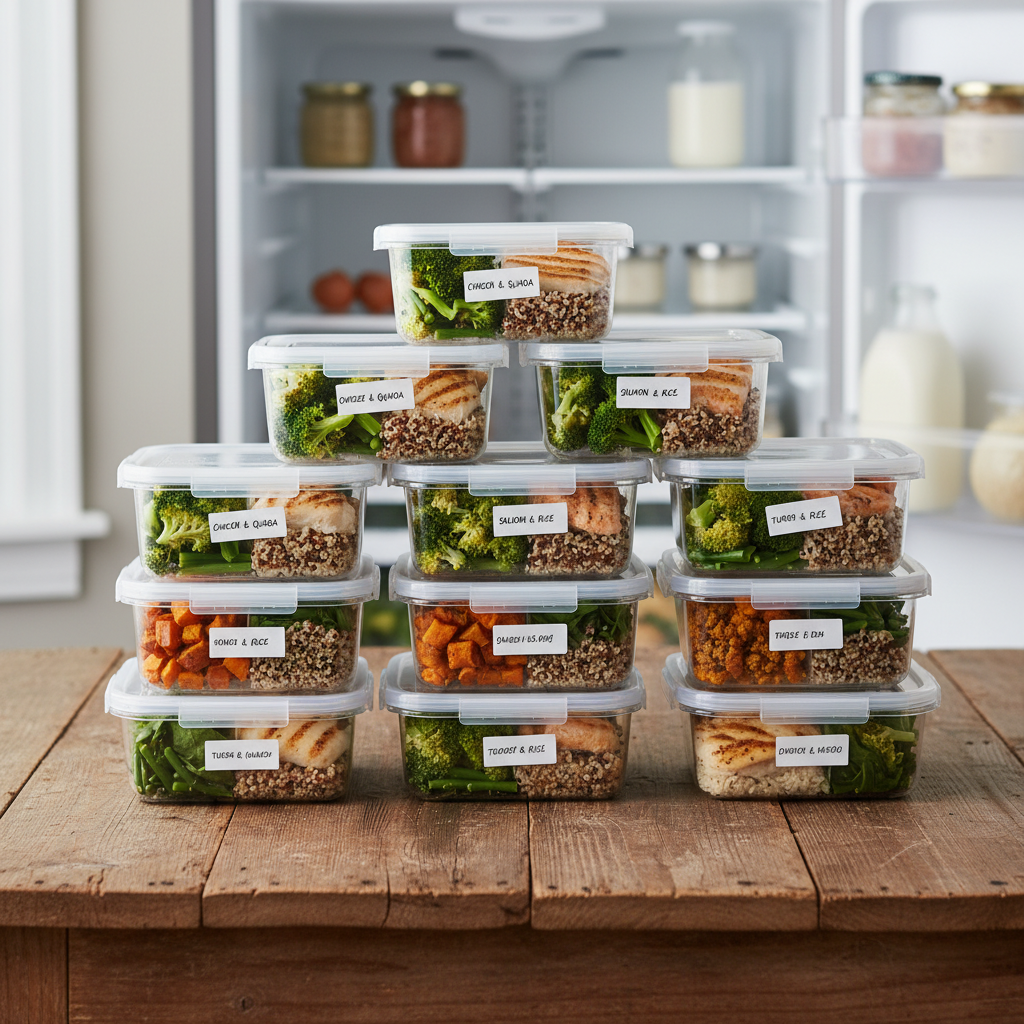 Neatly stacked meal prep containers organized in a refrigerator with labeled proteins, grains, and vegetables