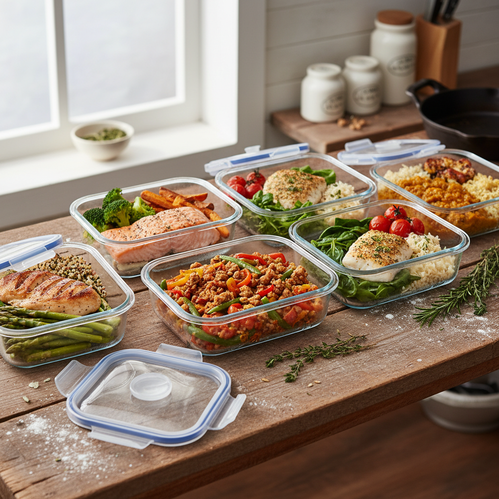 Five meal prep containers lined up on a kitchen counter, each filled with a different weeknight dinner